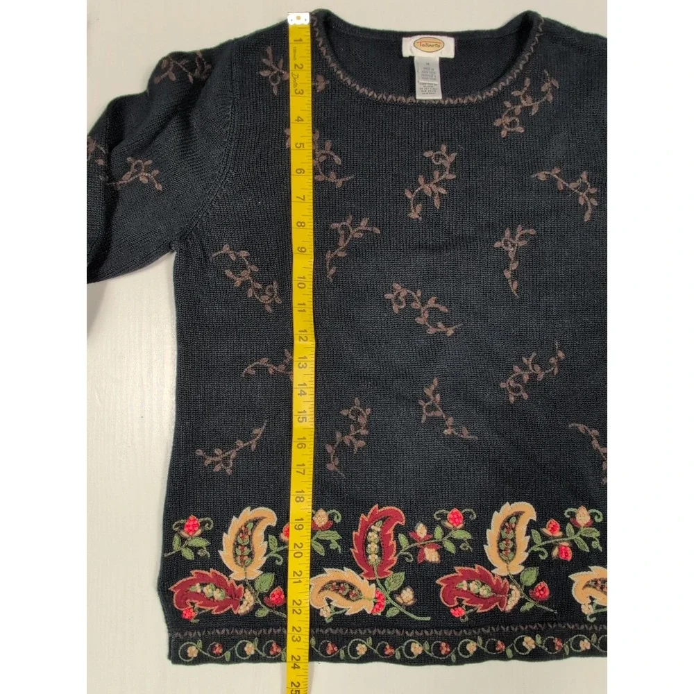 Talbots Womens Sweater M Black Paisley Floral Embroidery Long Sleeve Crew Neck